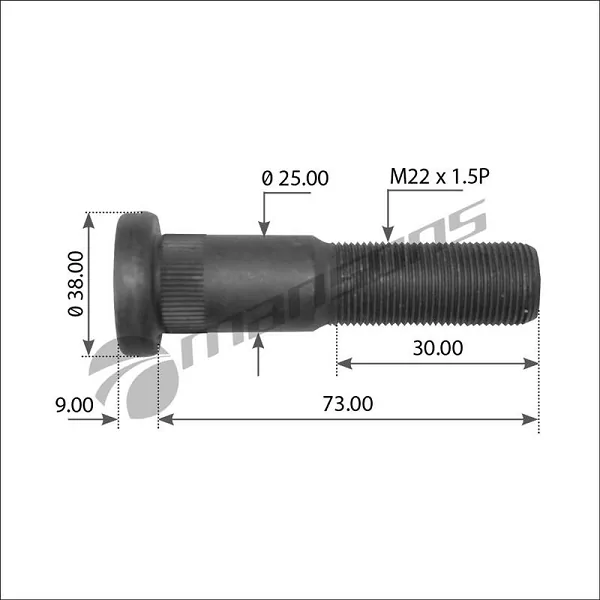 Μπουλόνι Fruehauf - Trailor M22x1.5P Ø38 Ø25 Μήκος 73mm